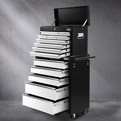 Giantz 15 Drawers Tool Chest Trolley Toolbox 2-in-1 Storage Black& Grey