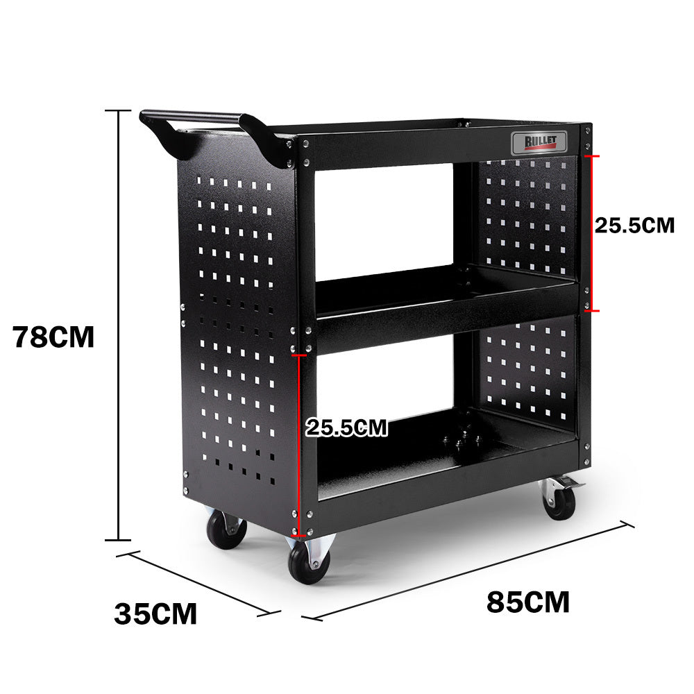 Bullet 3-Tier Steel Tool Trolley Cart, for Workshop, Mechanic, with Pegboard, Screwdriver Bay, Black