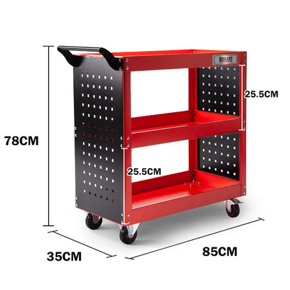 BULLET 3-Tier Steel Tool Trolley Cart for Workshop, Mechanic, with Pegboard, Screwdriver Bay, Red