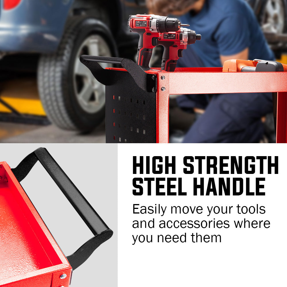 BULLET 3-Tier Steel Tool Trolley Cart for Workshop, Mechanic, with Pegboard, Screwdriver Bay, Red