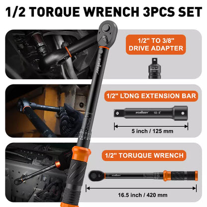 3Pc 1/2" Drive Click Torque Wrench Ratchet Socket  Adaptor Extension WorkShop
