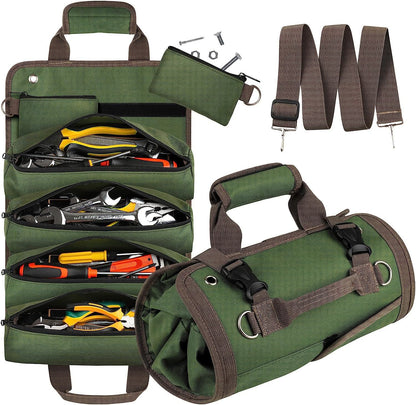Green Heavy Duty Roll-Up Tool Bag Organizer - Waterproof Oxford Fabric Pouch with Multiple Pockets