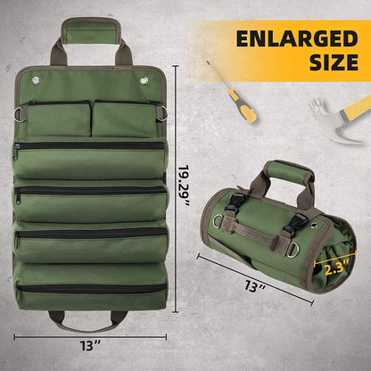 Green Heavy Duty Roll-Up Tool Bag Organizer - Waterproof Oxford Fabric Pouch with Multiple Pockets