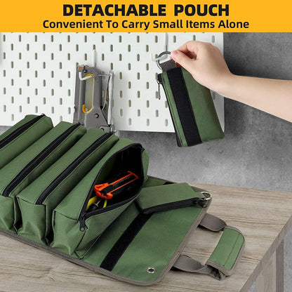 Green Heavy Duty Roll-Up Tool Bag Organizer - Waterproof Oxford Fabric Pouch with Multiple Pockets