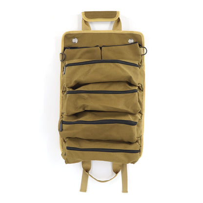 Khaki Heavy Duty Roll-Up Tool Bag Organizer - Waterproof Oxford Fabric Pouch with Multiple Pockets