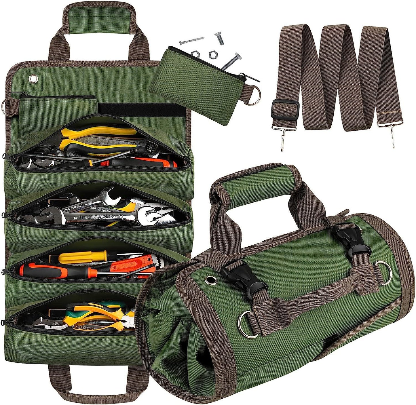 Khaki Heavy Duty Roll-Up Tool Bag Organizer - Waterproof Oxford Fabric Pouch with Multiple Pockets